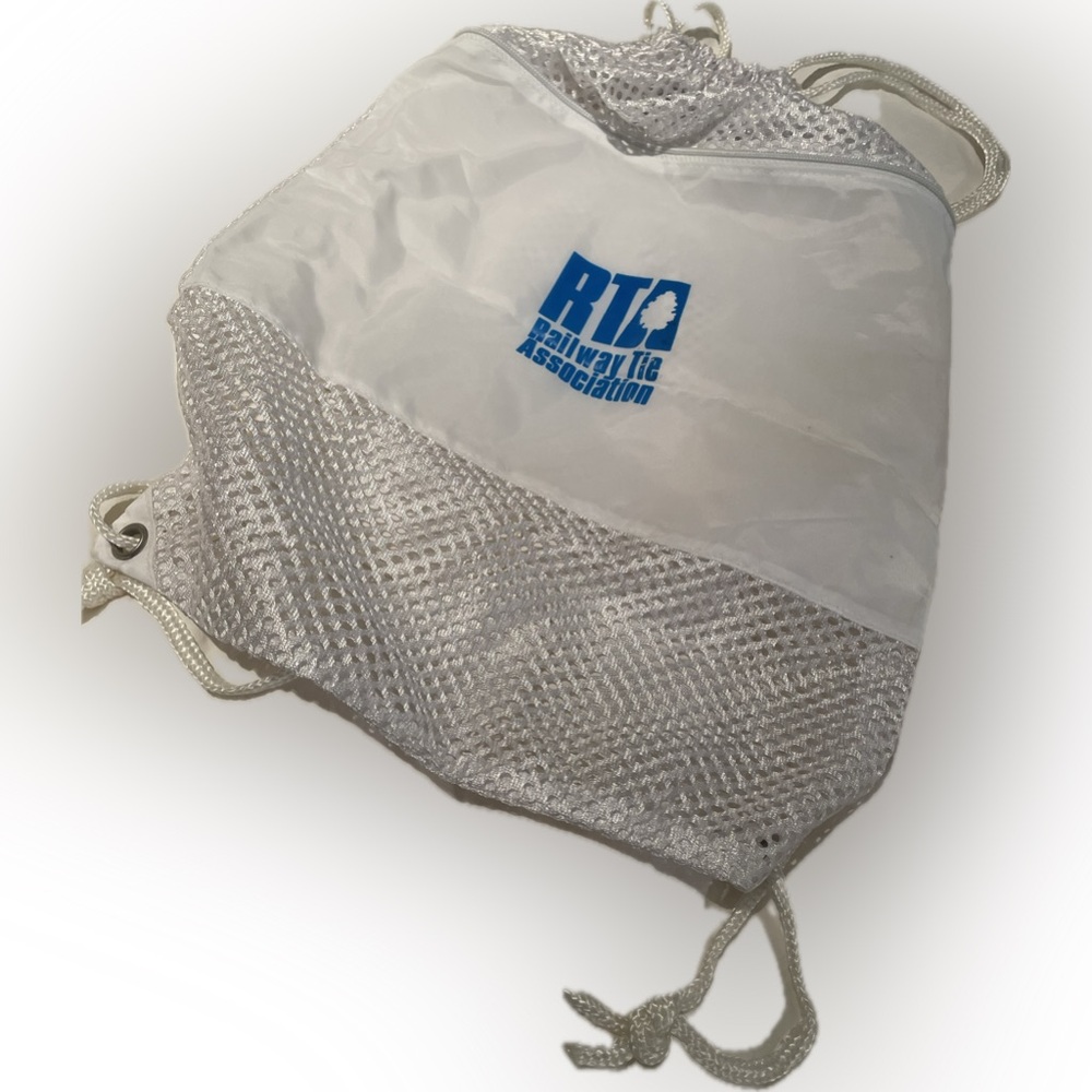 NWOT White Mesh Drawstring Backpack w corporate logo